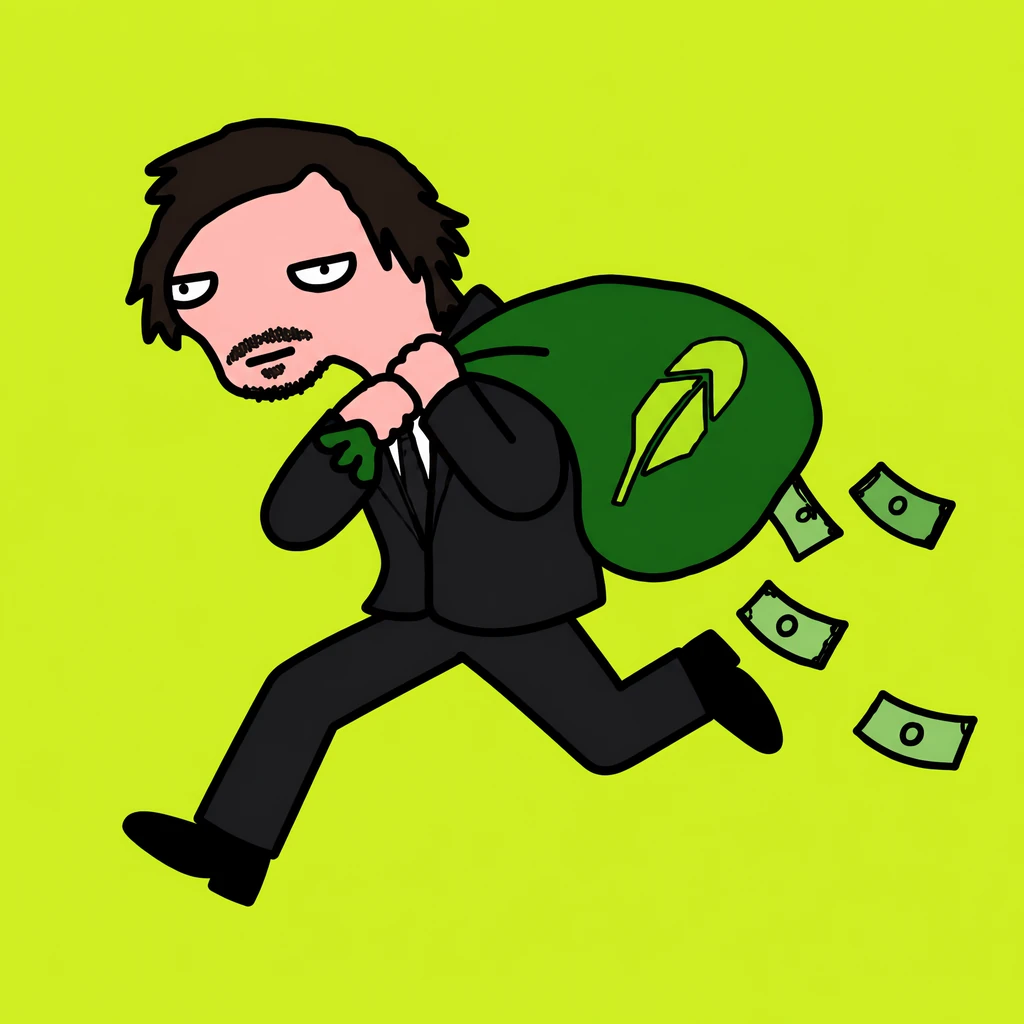 A man in a suit sprinting away with a green money bag, cash falling out behind him.
